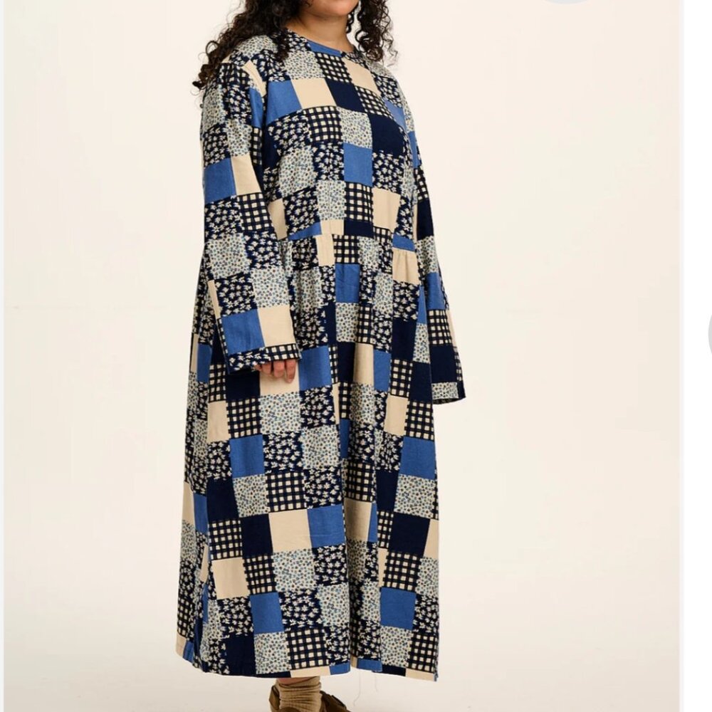 Lucy & Yak Micah midi dress in blue patchwork pattern size UK 22